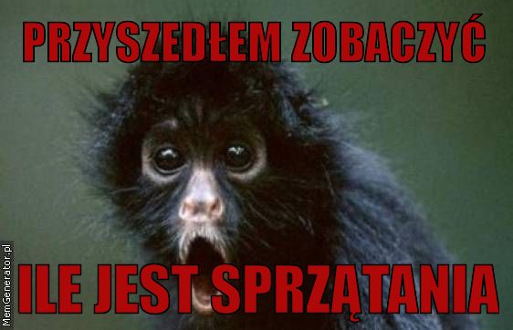 Przerażona małpa z tekstem 'Przyszedłem zobaczyć ile jest sprzątania', na rozmytym zielonym tle. Humorystyczne ujęcie.