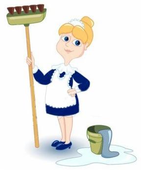 Uśmiechnięta blondynka w stroju pokojówki z mopem i wiaderkiem na białym tle, ilustracja graficzna.
