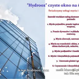 Czyszczenie szklanej elewacji biurowca z użyciem teleskopowego wysięgnika i szczotki, odbijające się chmury w oknach.