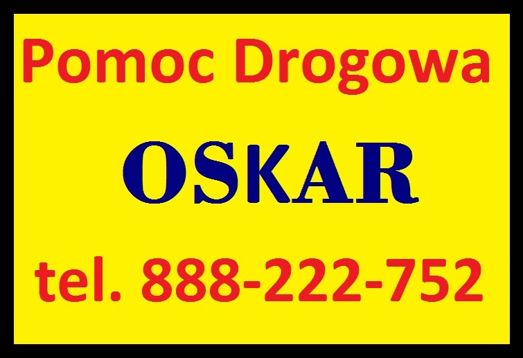 Żółty szyld z napisem 'Pomoc Drogowa OSKAR' i numerem telefonu 888-222-752, wykonany w kolorach czerwonym i niebieskim.