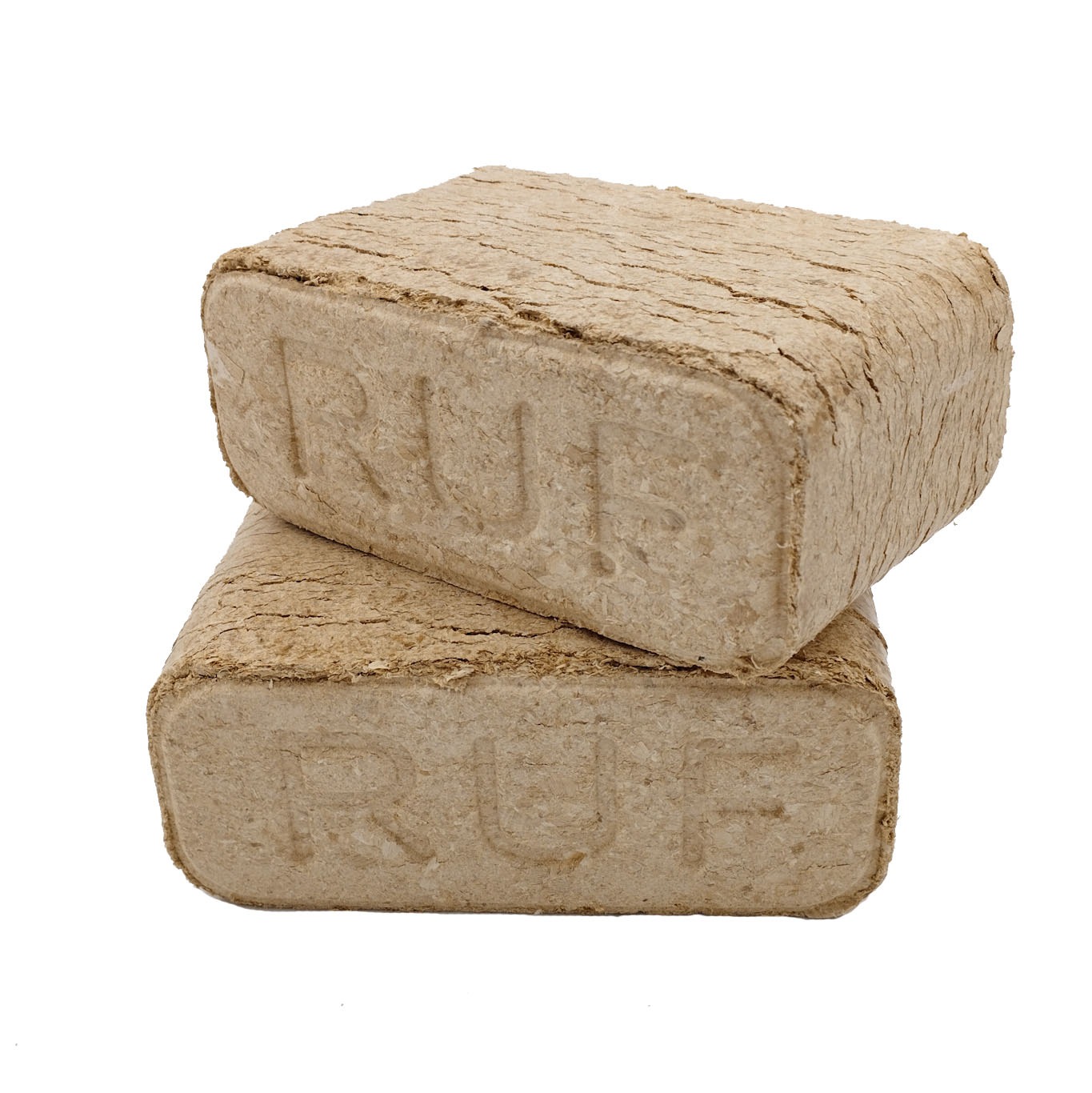 Dwa bloki brykietu drzewnego RUF ułożone jeden na drugim, widoczne tłoczone napisy na powierzchni, jasne tło.