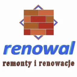 Logo firmy z napisem 'renowal remonty i renowacje' pod stylizowaną ścianą z cegieł w odcieniach brązu i czerwieni.