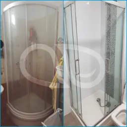 Porównanie kabiny prysznicowej przed i po czyszczeniu: po lewej stronie widoczny osad i zabrudzenia, po prawej lśniąca czystość i nowa armatura.