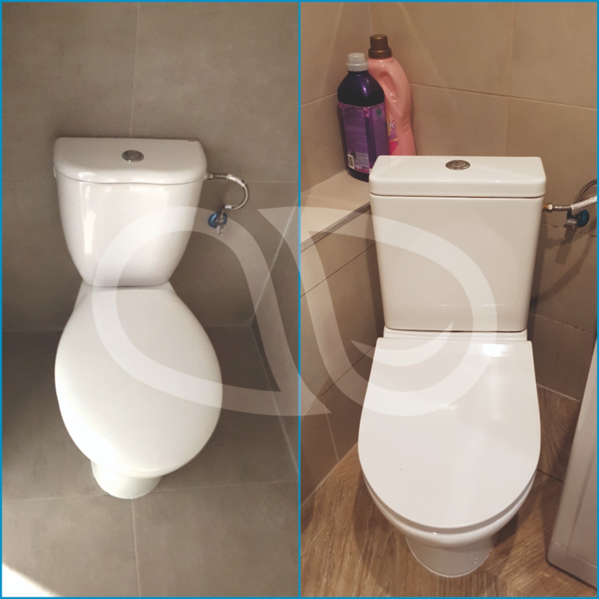 Porównanie dwóch toalet: starszy model z owalną miską i nowszy model o bardziej kwadratowym kształcie, oba w jasnej łazience z płytkami w odcieniach szarości i beżu.