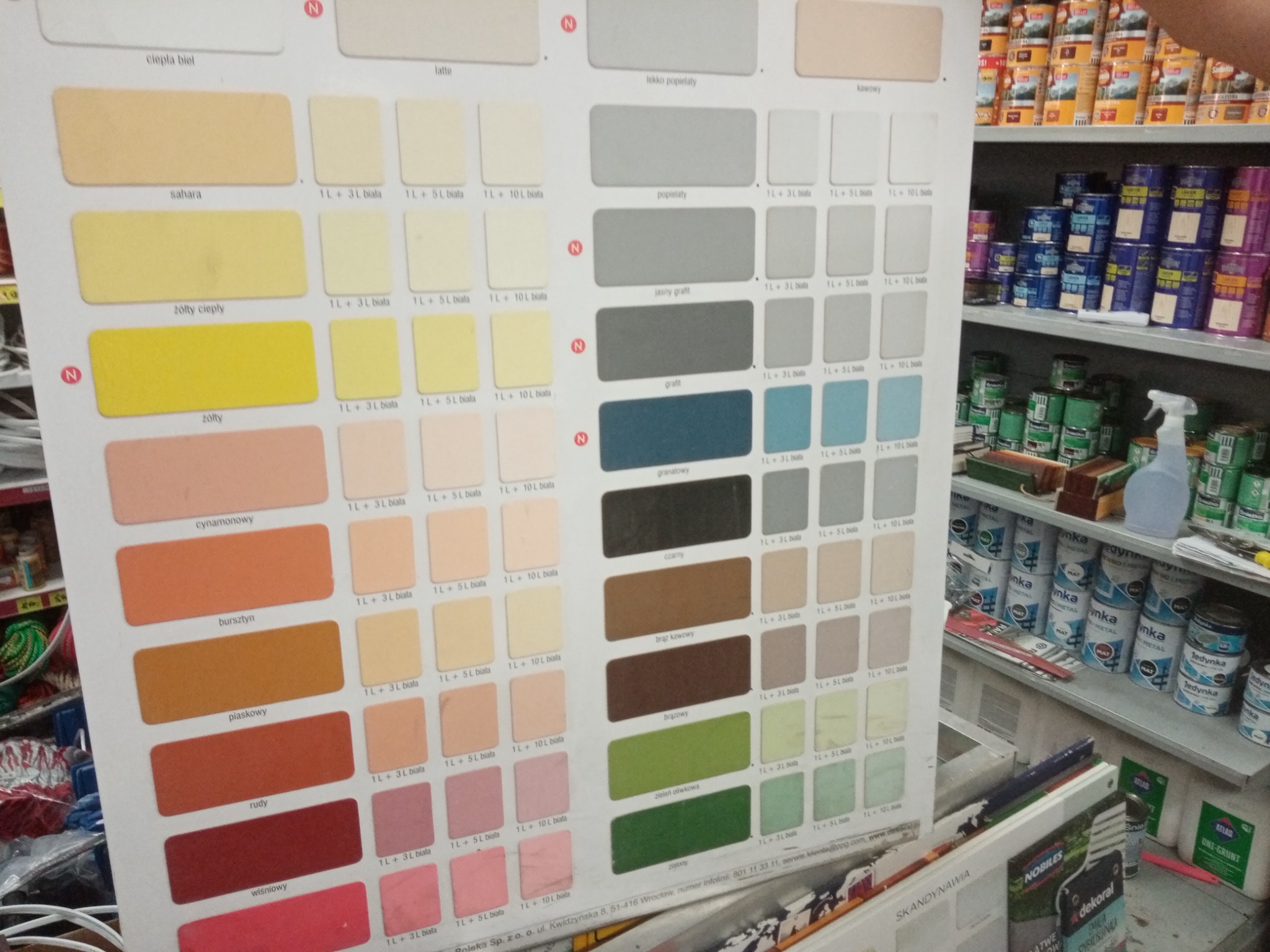 Wzornik kolorów farb z paletą odcieni, od ciepłej bieli i sahary po zielony i wiśniowy, prezentowany na tle półek sklepowych z puszkami farb.