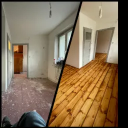 Porównanie stanu podłogi drewnianej przed i po renowacji: po lewej zniszczona, z resztkami farby, po prawej wycyklinowana i polakierowana na złoty odcień.