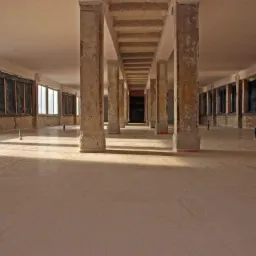 Wnętrze hali z jasną, świeżo wylaną posadzką. Widoczne surowe, betonowe kolumny i rzędy okien po bokach. Świeża wylewka w odcieniach beżu, gładka powierzchnia.