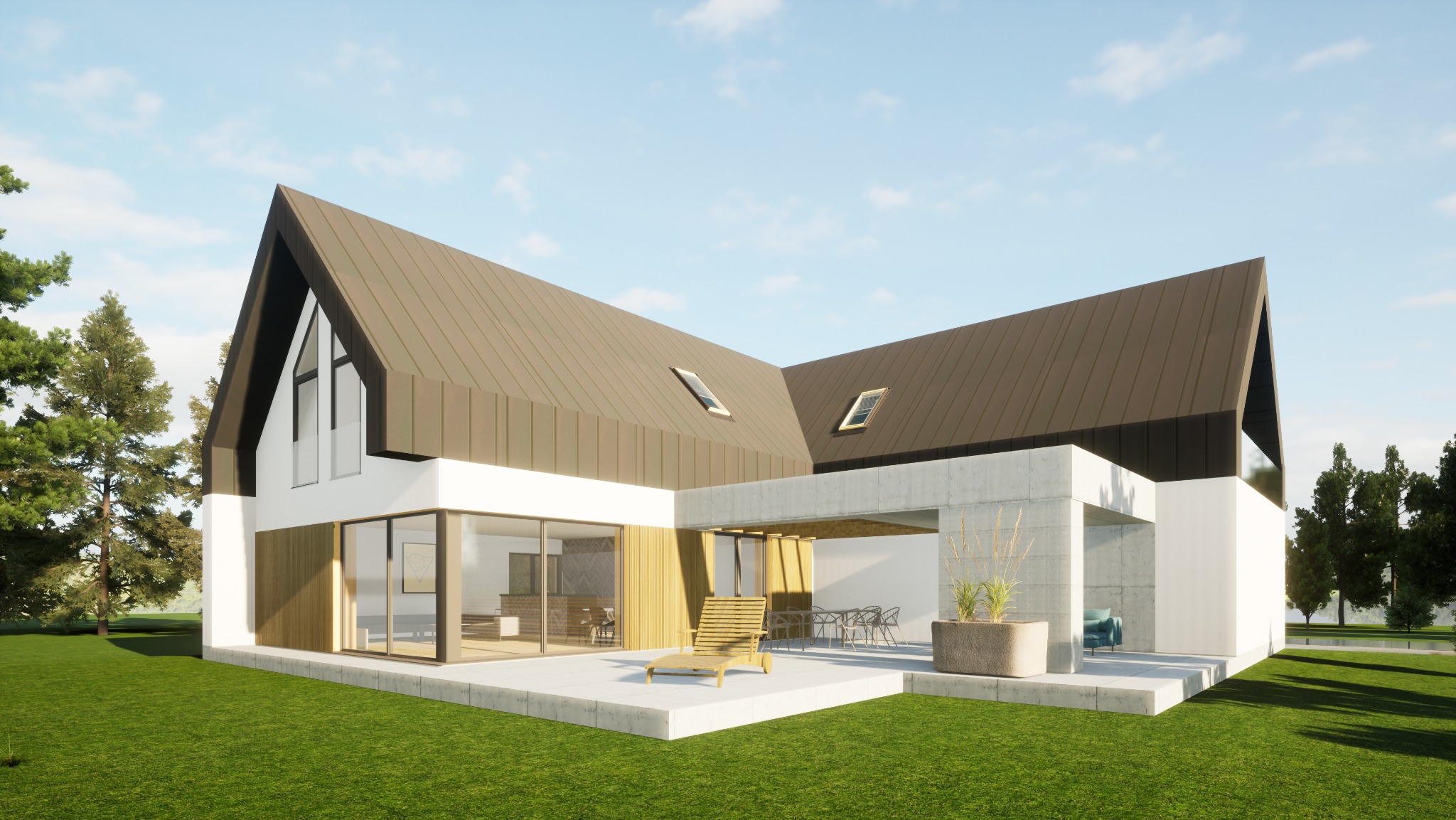 Wizualizacja nowoczesnego domu z ciemnym, spadzistym dachem i jasną elewacją. Widoczny taras z meblami ogrodowymi i zielony trawnik. Minimalistyczny design.
