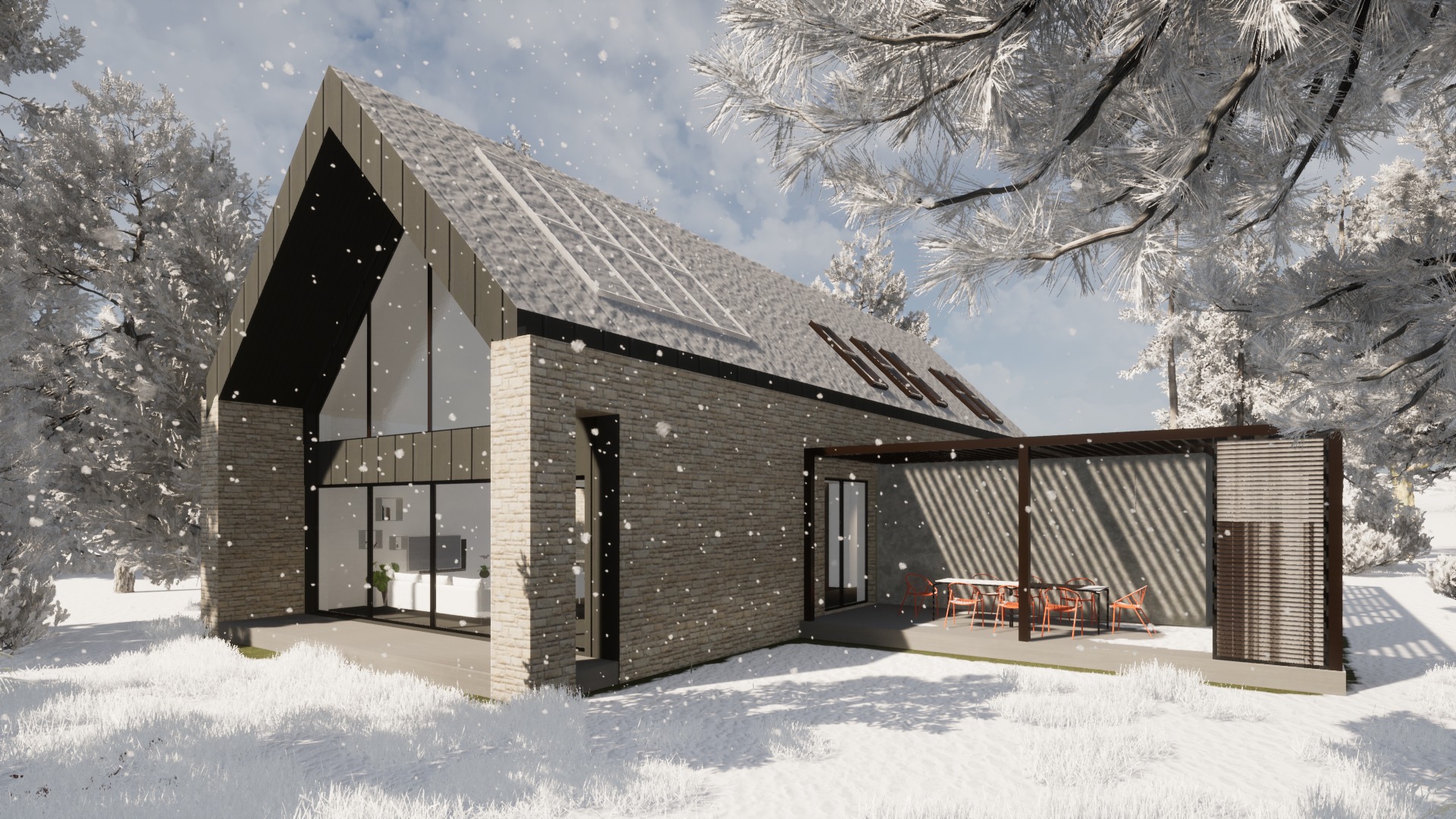 Wizualizacja domu z kamienną elewacją i dużymi przeszkleniami w zimowej scenerii. Na dachu panele słoneczne. W tle ośnieżone drzewa i padający śnieg.