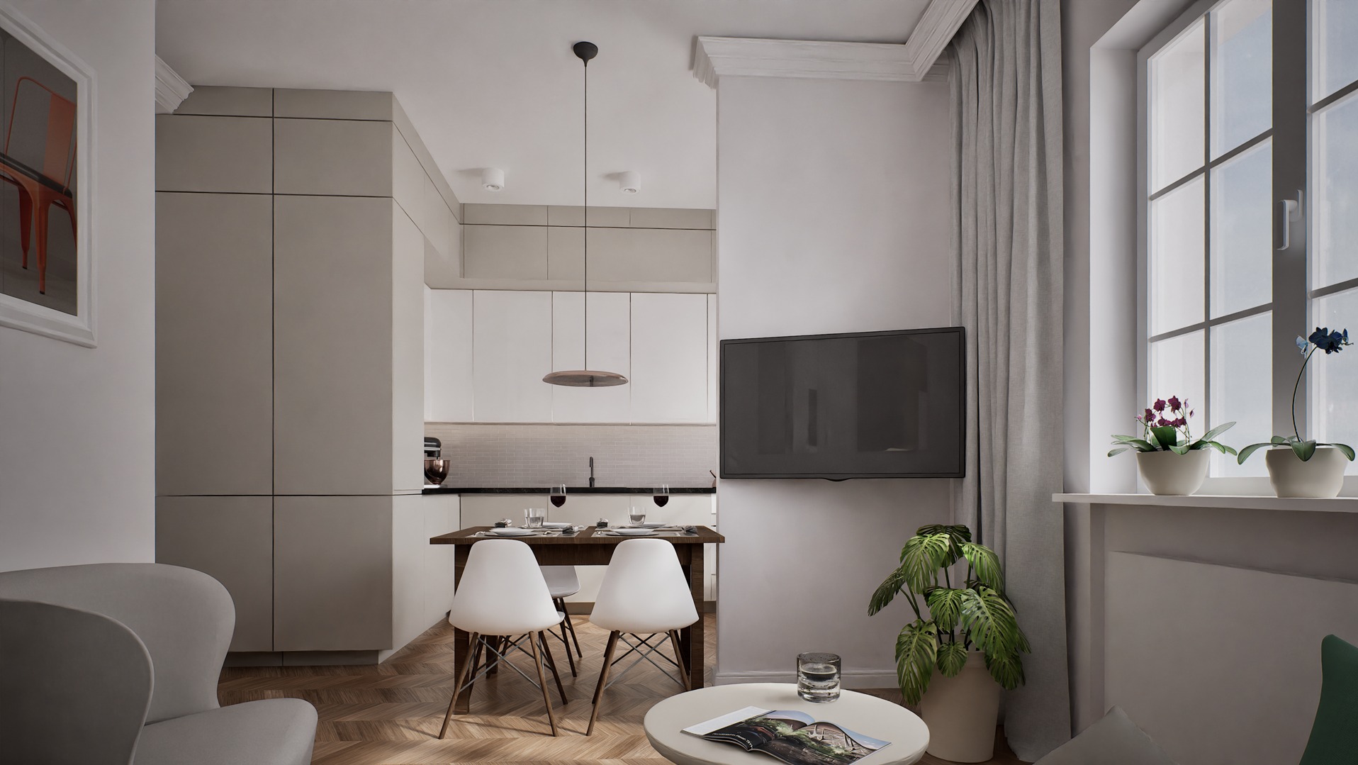 Jasne, nowoczesne wnętrze z otwartą kuchnią, drewnianym stołem i białymi krzesłami. Telewizor na ścianie, roślina doniczkowa i kwiaty na parapecie dodają przytulności.