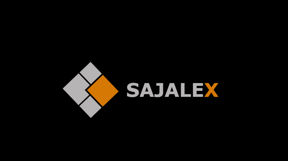 Logo firmy Sajalex na czarnym tle. Geometryczny symbol z szarych i pomarańczowych kwadratów, obok nazwa firmy w szaro-pomarańczowej kolorystyce.