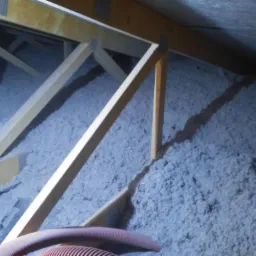 Poddasze z widoczną konstrukcją drewnianą i grubą warstwą szarej izolacji celulozowej, z fragmentem czerwonego węża do wdmuchiwania izolacji w dolnym rogu.