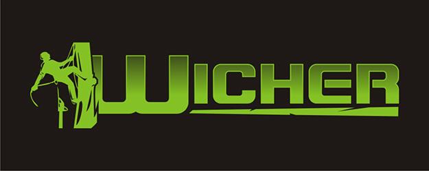 Zielone logo firmy Wicher na czarnym tle z sylwetką arborysty przycinającego drzewo, wkomponowaną w literę W.