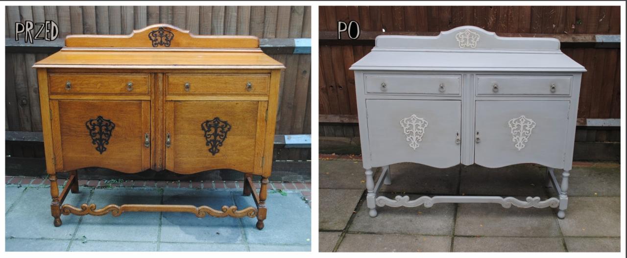 Antyczna komoda przed i po renowacji, widoczne różnice w kolorze drewna i detale dekoracyjne odświeżone białą farbą.