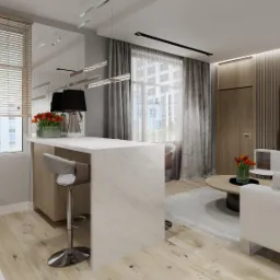 Wizualizacja nowoczesnego salonu z aneksem kuchennym, biała wyspa z marmurowym wzorem, szare krzesło barowe, drewniana podłoga, telewizor na ścianie z lamelami, szara zasłona w oknie.