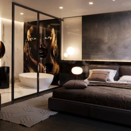 ARCHIBRANZA RAFAŁ ALEKSANDROWICZ - Nowoczesna sypialnia z łazienką oddzieloną szklaną ścianą, minimalistyczne umywalki, portret kobiety na szklanej ściance, stonowana kolorystyka z akcentami światła.
