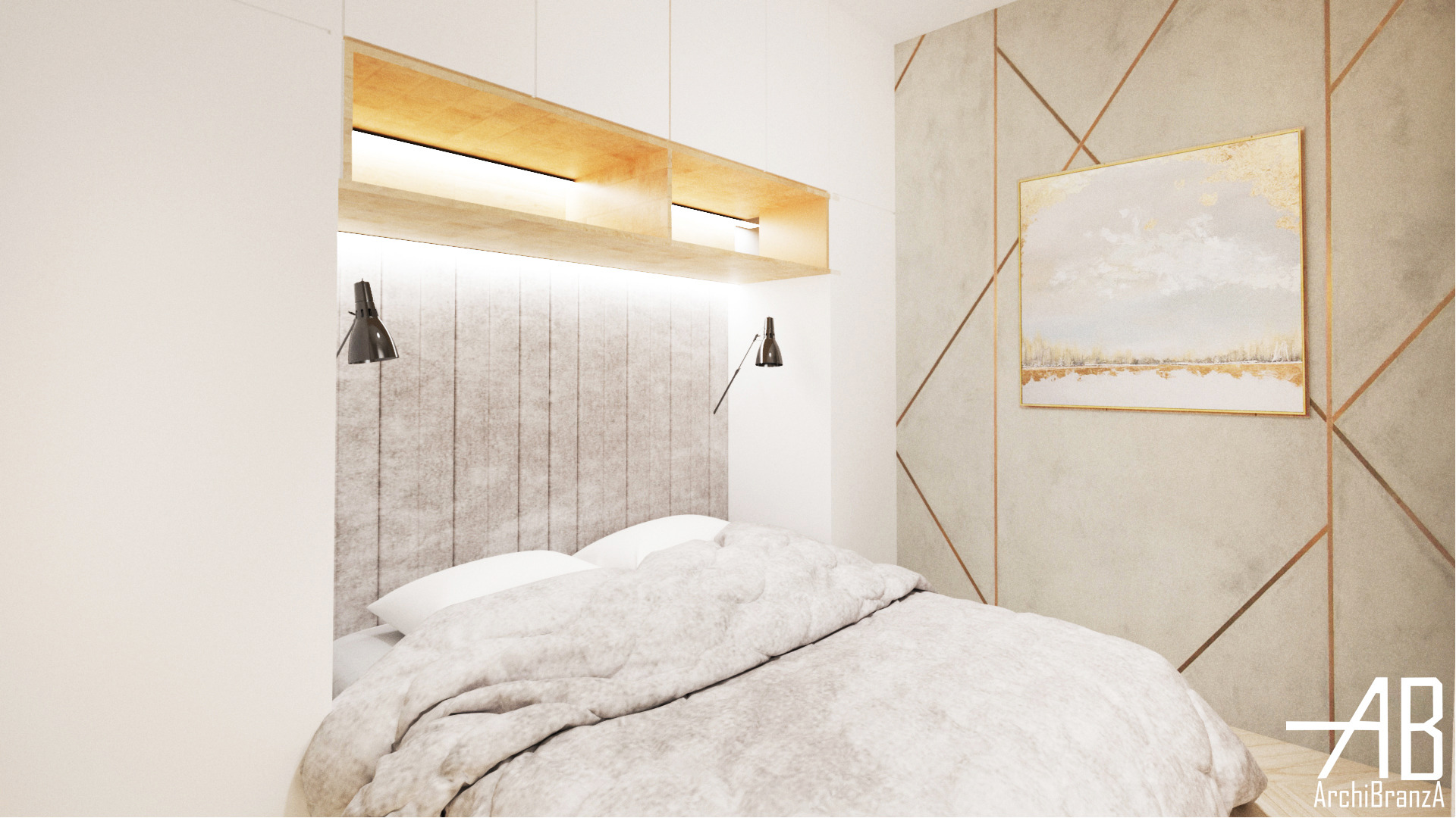 Nowoczesna sypialnia z łóżkiem z szarą pościelą, panelem ściennym imitującym beton, geometrycznym wzorem z miedzianymi akcentami na ścianie oraz obrazem w złotej ramie.