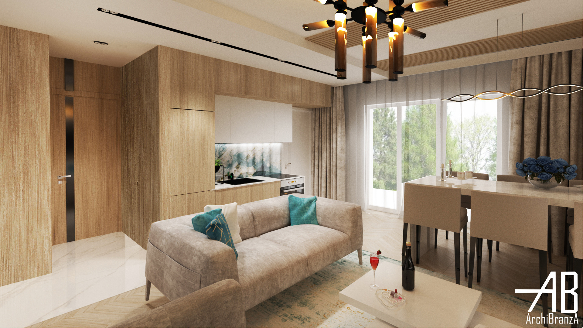 Wizualizacja salonu z aneksem kuchennym w odcieniach beżu i bieli, z akcentami turkusowymi na poduszkach sofy i marmurowym blatem nad zlewem, okrągły stół z bukietem róż i lampką wina na stoliku...