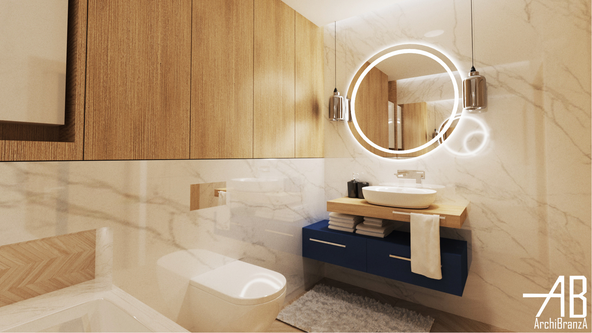 Nowoczesna łazienka z marmurowymi ścianami, drewnianymi szafkami, okrągłym lustrem z podświetleniem LED i niebieską szafką pod umywalką.