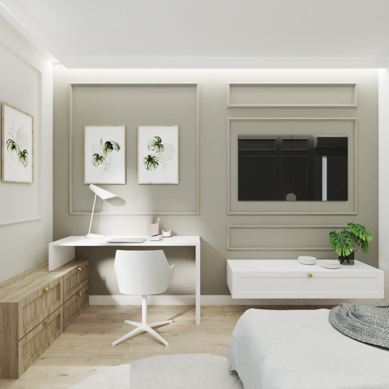 Nowoczesna sypialnia z biurkiem, białym krzesłem obrotowym, wiszącą szafką RTV, telewizorem i dekoracjami roślinnymi w ramkach.