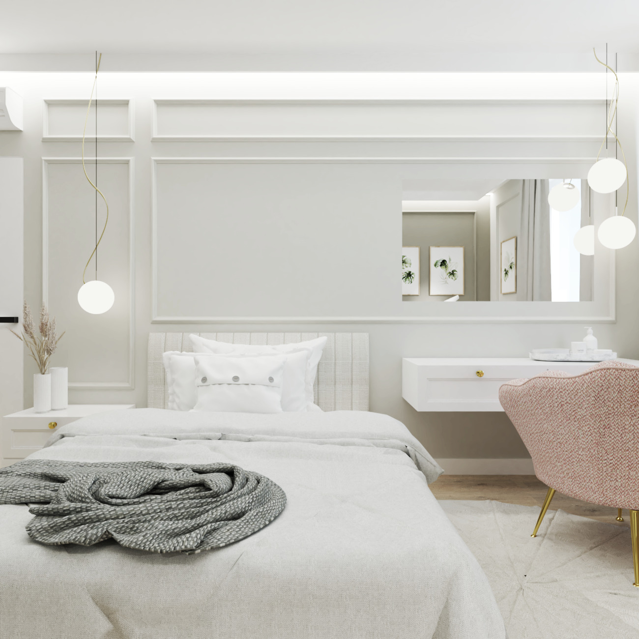 Jasna sypialnia z dużym lustrem nad toaletką, beżowym pledem na łóżku i delikatnymi lampami wiszącymi, minimalistyczny wystrój.
