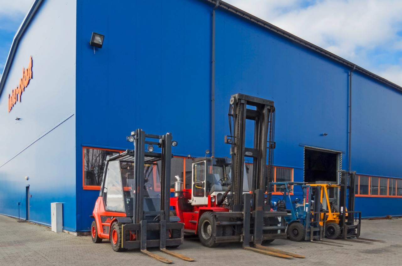 Rząd różnokolorowych wózków widłowych przed niebieskim magazynem z pomarańczowymi akcentami, w słoneczny dzień.