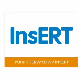 Logo firmy InSERT, punkt serwisowy, nazwa w kolorze niebieskim na białym tle, z pomarańczowym paskiem u dołu z napisem 'Punkt Serwisowy InSERT'.