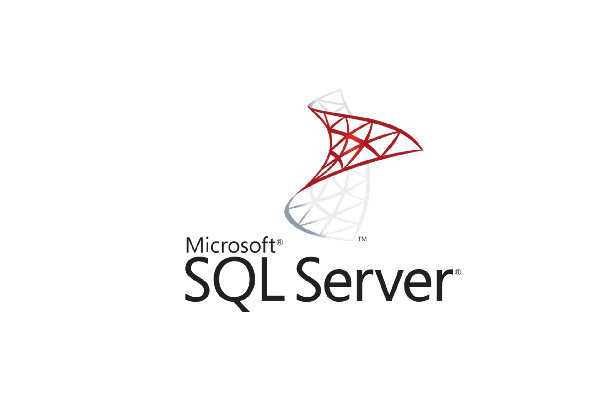 Logo Microsoft SQL Server z abstrakcyjnym czerwono-szarym symbolem przestrzennym nad napisem.