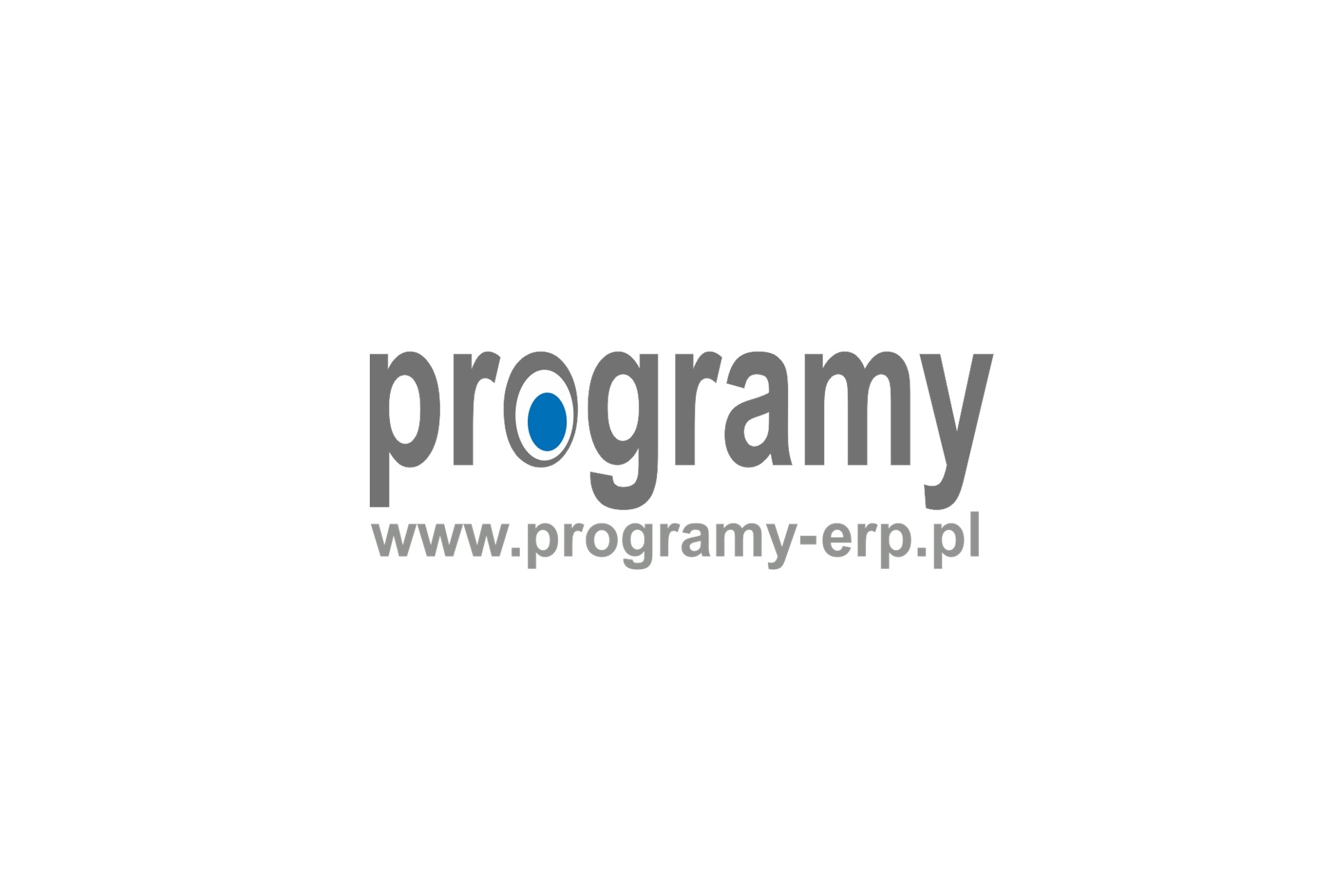 Szare logo firmy z nazwą 'programy' z niebieskim okręgiem w literze 'o' oraz adresem strony internetowej www.programy-erp.pl poniżej, na białym tle.