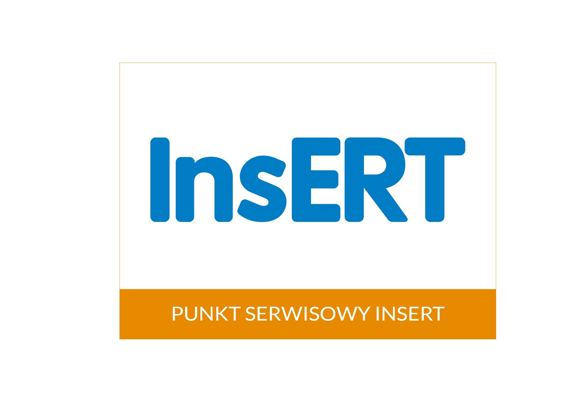 Logo firmy InSERT, punkt serwisowy, nazwa w kolorze niebieskim na białym tle, z pomarańczowym paskiem u dołu z napisem 'Punkt Serwisowy InSERT'.