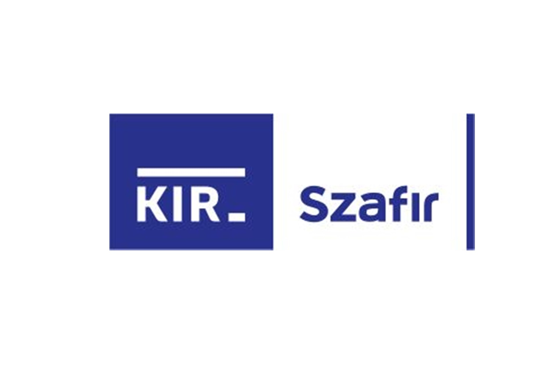 Logo KIR Szafir na białym tle, z granatowym kwadratem zawierającym biały napis KIR z poziomą kreską nad nim, obok napis Szafir i granatowa pionowa kreska.