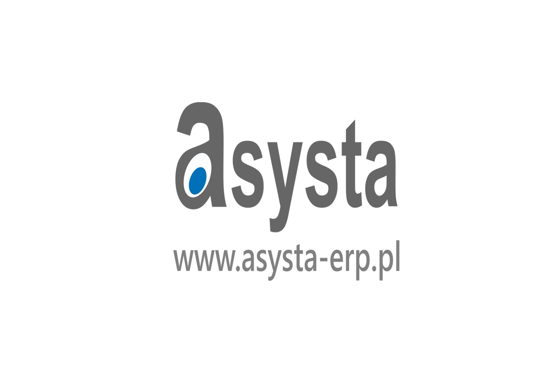 Szare logo firmy Asysta z niebieskim akcentem w literze 'a' i adresem strony internetowej www.asysta-erp.pl pod spodem, na białym tle.