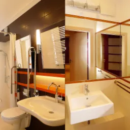 Łazienka w hostelu przystosowana dla osób z niepełnosprawnościami, z udogodnieniami takimi jak siedzisko pod prysznicem i uchwyty, jasne płytki i duże lustra.