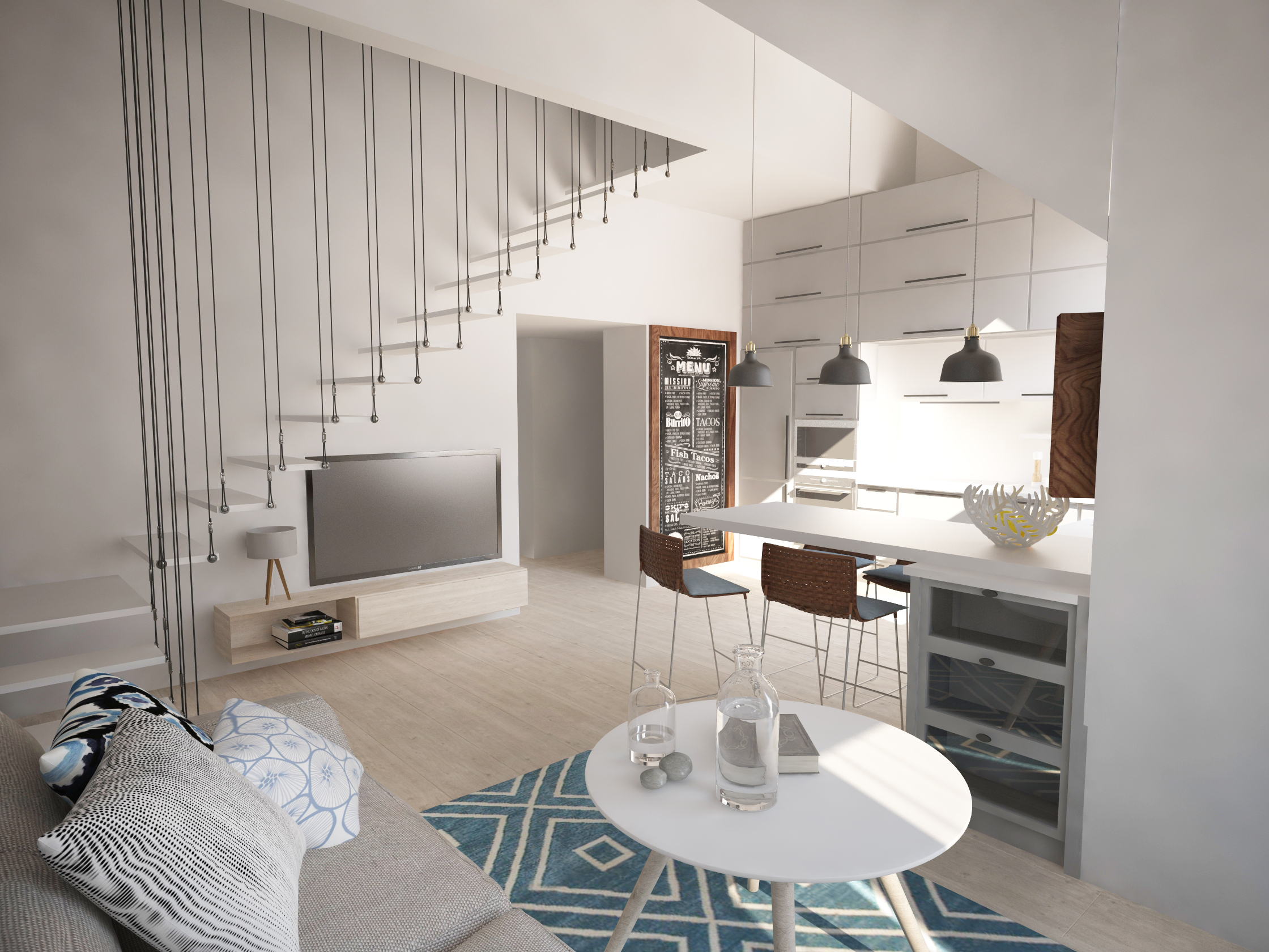 Wnętrze apartamentu z otwartą kuchnią i salonem. Minimalistyczne schody z wiszącymi elementami. Tablica kredowa z menu restauracji. Nowoczesne oświetlenie i jasna kolorystyka.