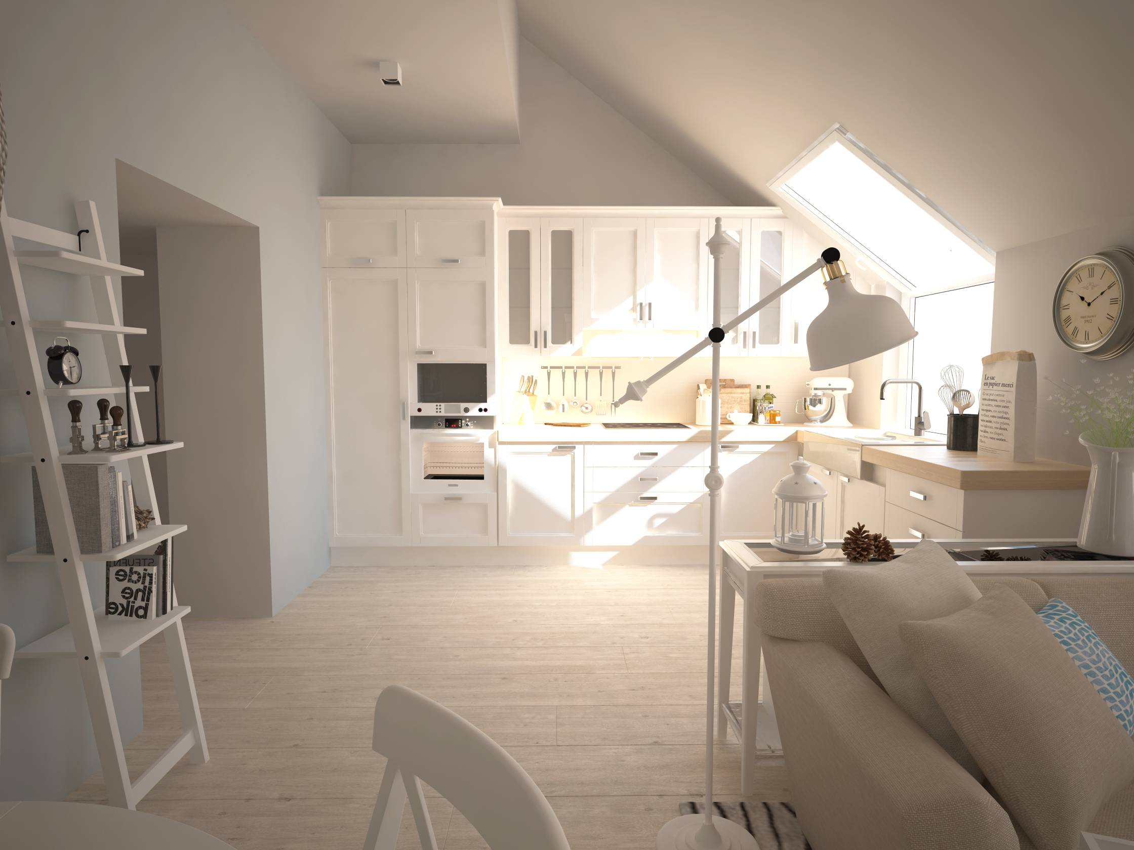 Jasne, przestronne wnętrze poddasza z białą kuchnią, drewnianą podłogą i elementami dekoracyjnymi. Uwagę przyciąga skandynawski styl i naturalne światło wpadające przez okno dachowe.