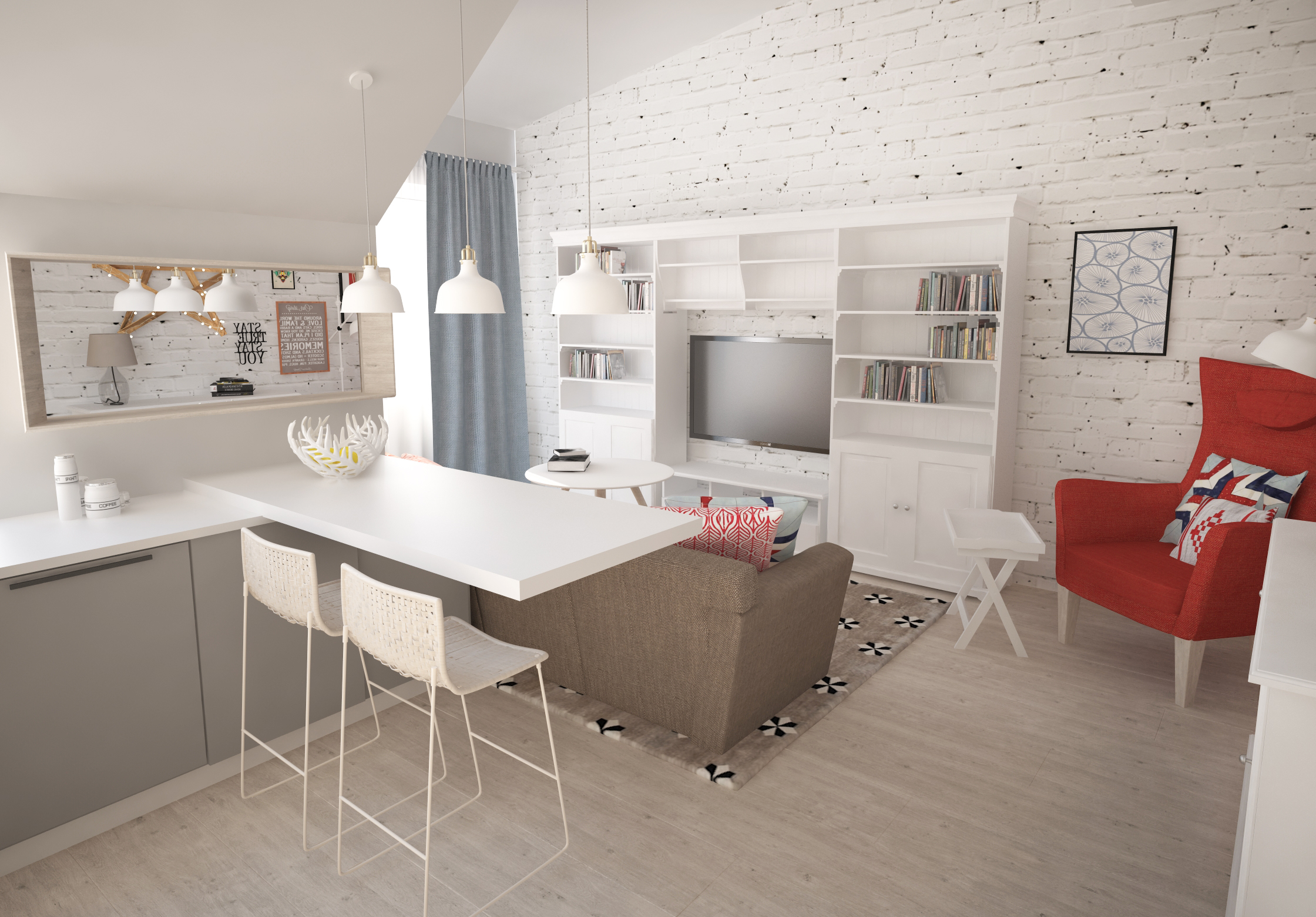 Jasne, przestronne wnętrze z ceglaną ścianą, białymi meblami i akcentami kolorystycznymi. Kuchnia z wyspą i krzesłami barowymi łączy się z salonem.
