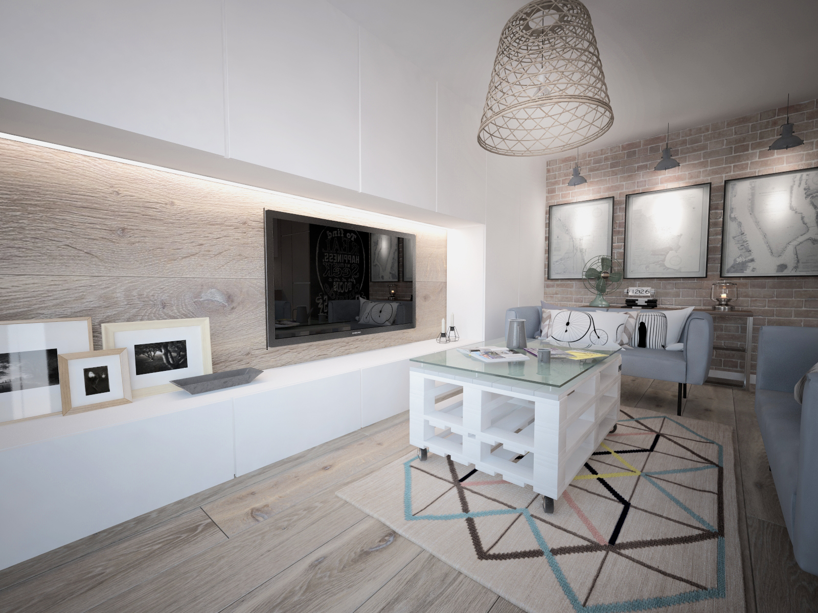 Jasny salon z drewnianą ścianą TV, białymi meblami i geometrycznym dywanem. Naturalne światło podkreśla ceglaną ścianę i dekoracyjne lampy.