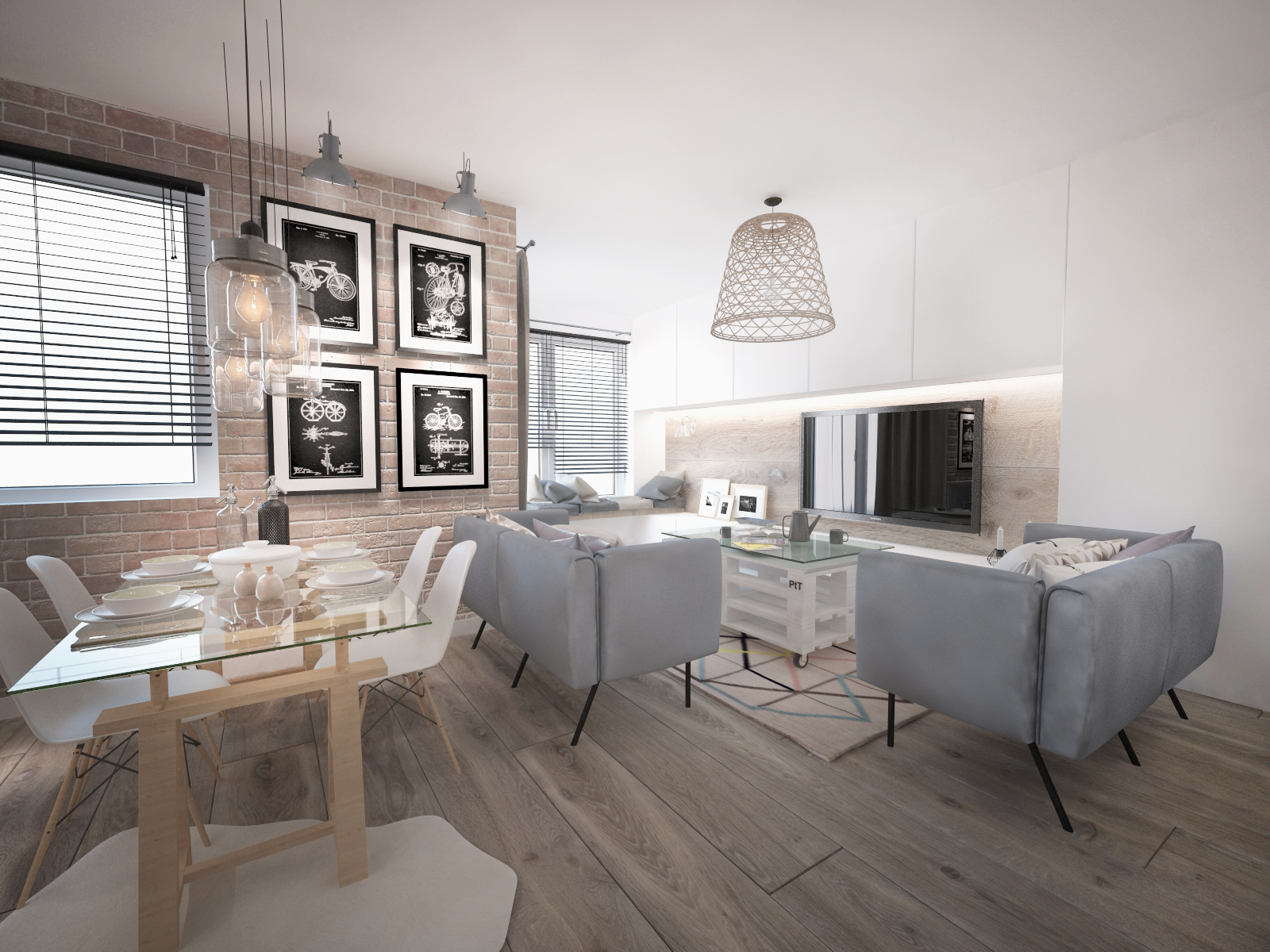 Stylowa aranżacja salonu z jadalnią w Krakowie. Ceglana ściana z grafikami rowerów, szary narożnik i stół z szklanym blatem. Nowoczesne oświetlenie.