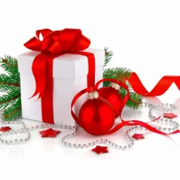 Białe pudełko prezentowe przewiązane czerwoną wstążką, ozdobione gałązką świerku, czerwonymi bombkami i srebrnym łańcuchem z czerwonymi gwiazdkami, na białym tle.