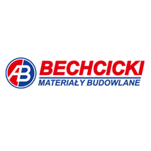 Logo firmy Bechcicki Materiały Budowlane z czerwono-niebieskim znakiem graficznym po lewej i czerwonym napisem 'BECHCICKI' oraz 'MATERIAŁY BUDOWLANE' pod spodem.