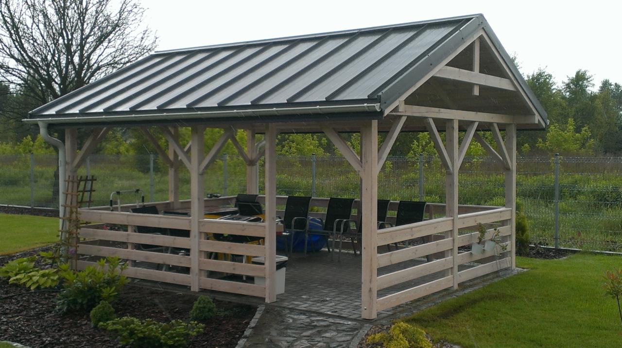 Drewniana altana z metalowym dachem, wyposażona w krzesła, otoczona zielenią i trawnikiem, widoczna w pochmurny dzień.