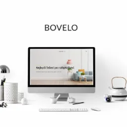 Monitor iMac wyświetlający stronę internetową firmy meblowej Bovelo Trading z hasłem 'Nejlepší řešení pro nábytkářství.' oraz aranżacją wnętrza z sofą i lampą na białym tle, otoczony designerskimi...