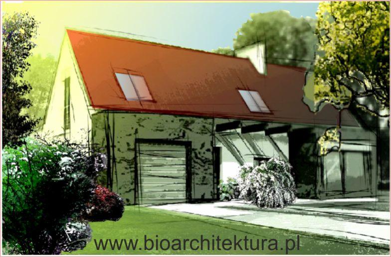 Szkic koncepcyjny domu z ogrodem w Warszawie, prezentujący projekt nasadzeń roślinnych i zagospodarowania terenu przed budynkiem.