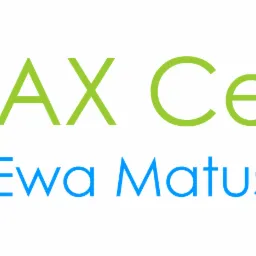 Logo firmy Tax Center Ewa Matuszewska z trójkątnym symbolem w kolorach różowym, zielonym i niebieskim.