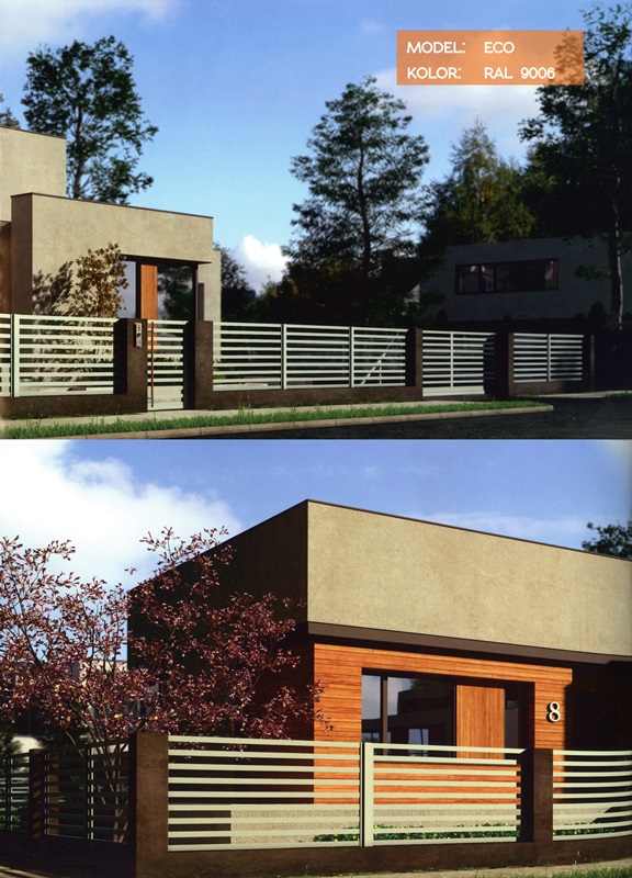 Wizualizacja aluminiowego ogrodzenia panelowego ECO w kolorze RAL 9006 przed nowoczesnym domem z elementami drewnianymi.
