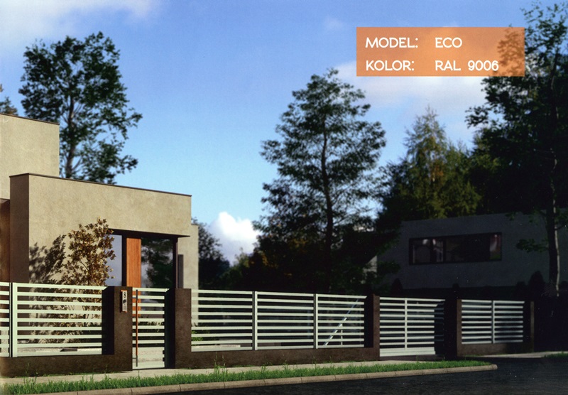 Aluminiowe ogrodzenie posesji z przesuwną bramą wjazdową model ECO, kolor RAL 9006, zrealizowane w Wesołej.