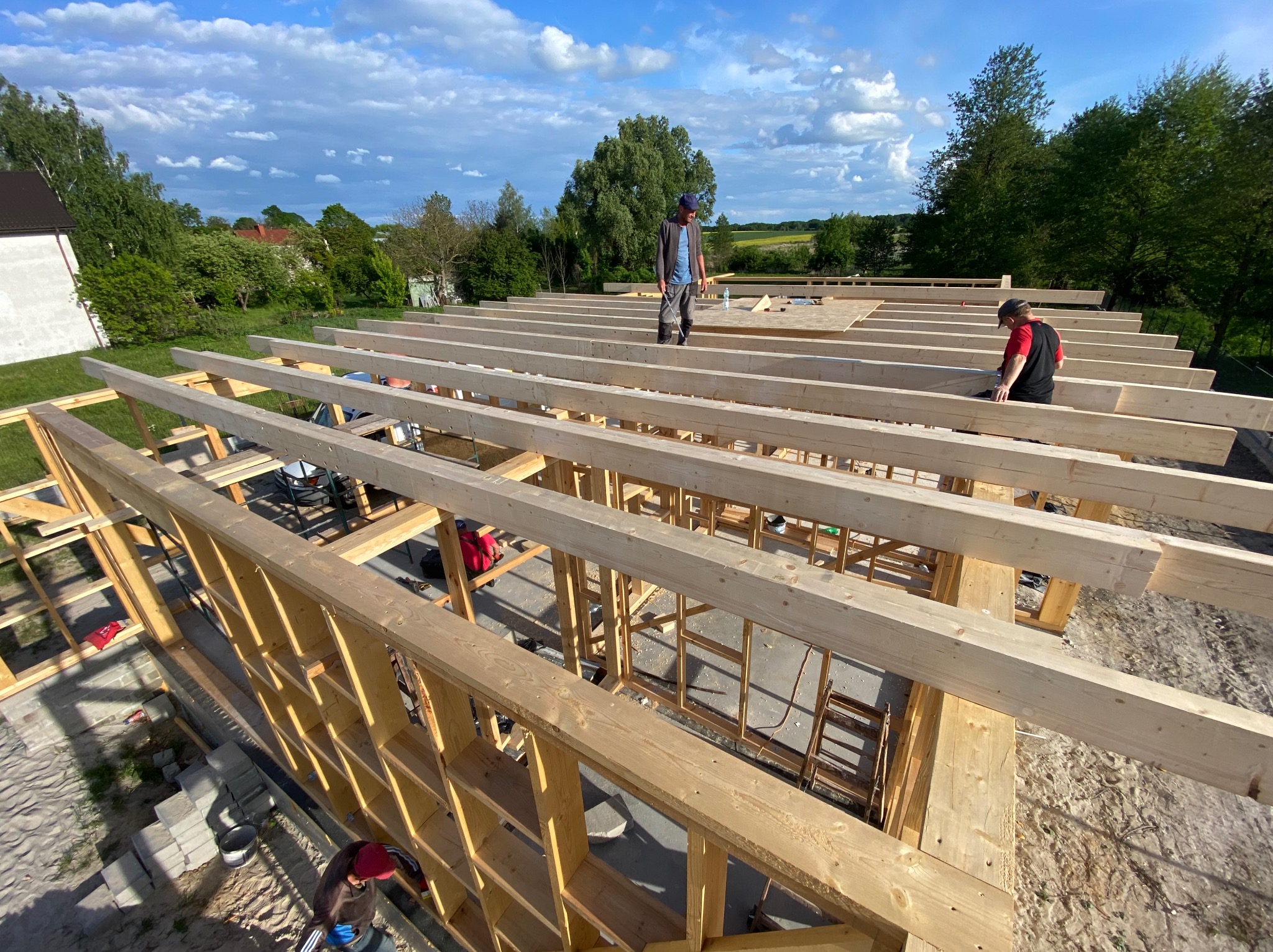 Konstrukcja drewniana domu w trakcie budowy, widok z góry. Dwóch pracowników na belkach. Jasne drewno, błękitne niebo w tle. Etap budowy z widocznymi elementami konstrukcyjnymi.