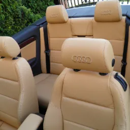 Beżowa, skórzana tapicerka samochodowa w kabriolecie Audi, z detalami perforowanej skóry i logo marki na zagłówkach. Widok na tylne siedzenia na tle zieleni.