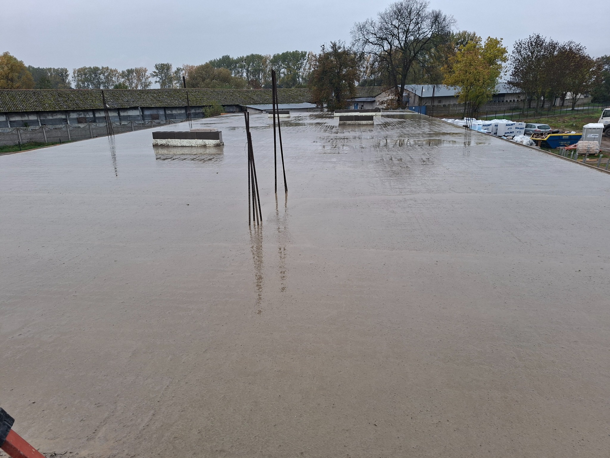 Świeżo wylany, mokry beton na dużej powierzchni z wystającymi prętami zbrojeniowymi. W tle budynki gospodarcze i drzewa pod pochmurnym niebem.