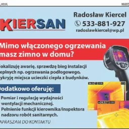 Reklama: termowizja w diagnostyce ogrzewania. Oferta lokalizacji awarii, regulacji wentylacji, nadzoru sanitarnego. Kontakt: Radosław Kiercel, 533-881-927.